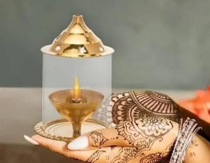 Brass Akhand Diya with Borosilicate Glass for Puja Home Temple Oil Lamp Tea Holder